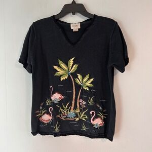 Jenny Black Tropical Flamingo Palm Tree Embroidered Knit V-Neck Top Large